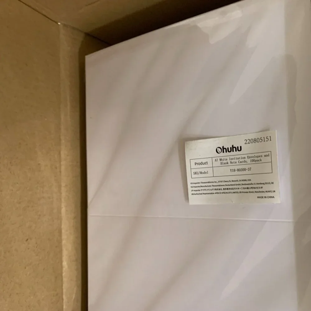 NIB huhu A7 White Invitation Envelopes and Blank Note Cards, 100 Pack- Wedding B